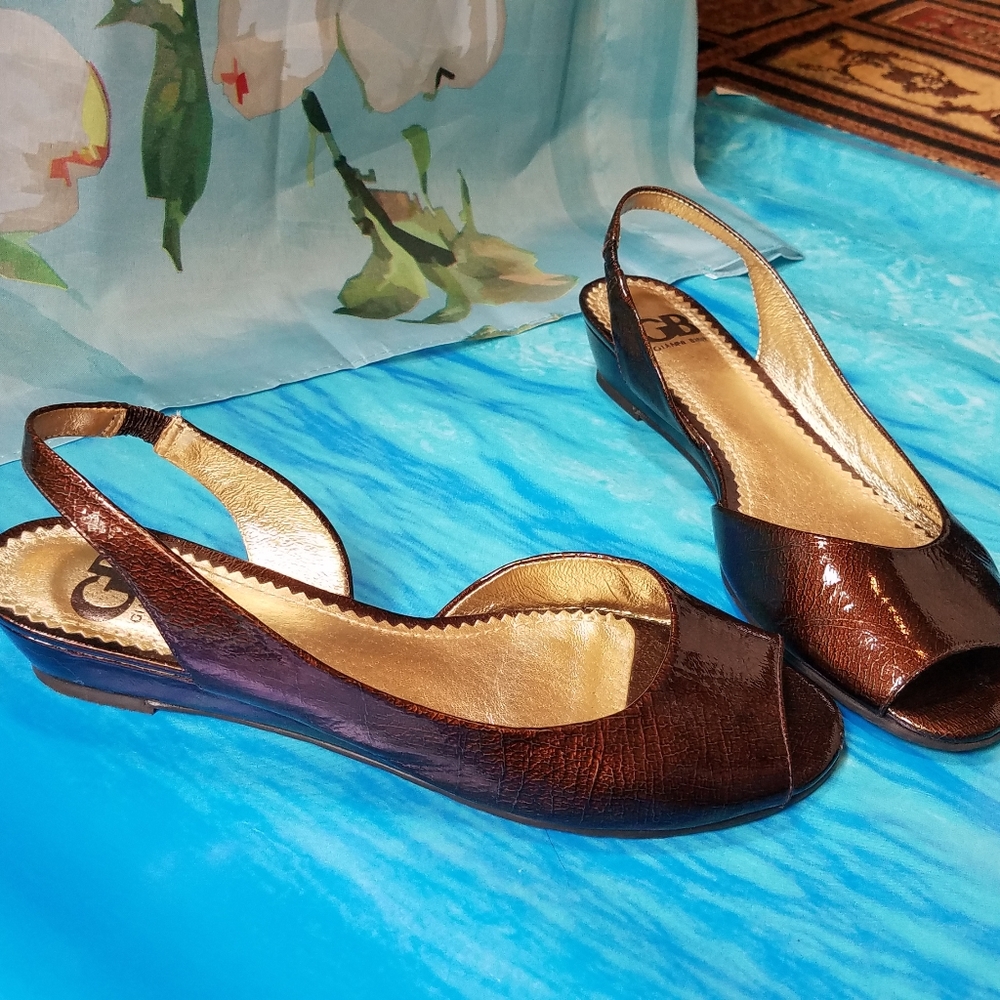Chocolate brown patent peep toe kitten wedges